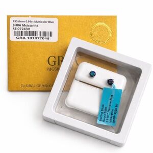 Moissanite Sterling Silver Round 5MM 0.9 CT Rainbow Blue Stud Earrings MSRP $299